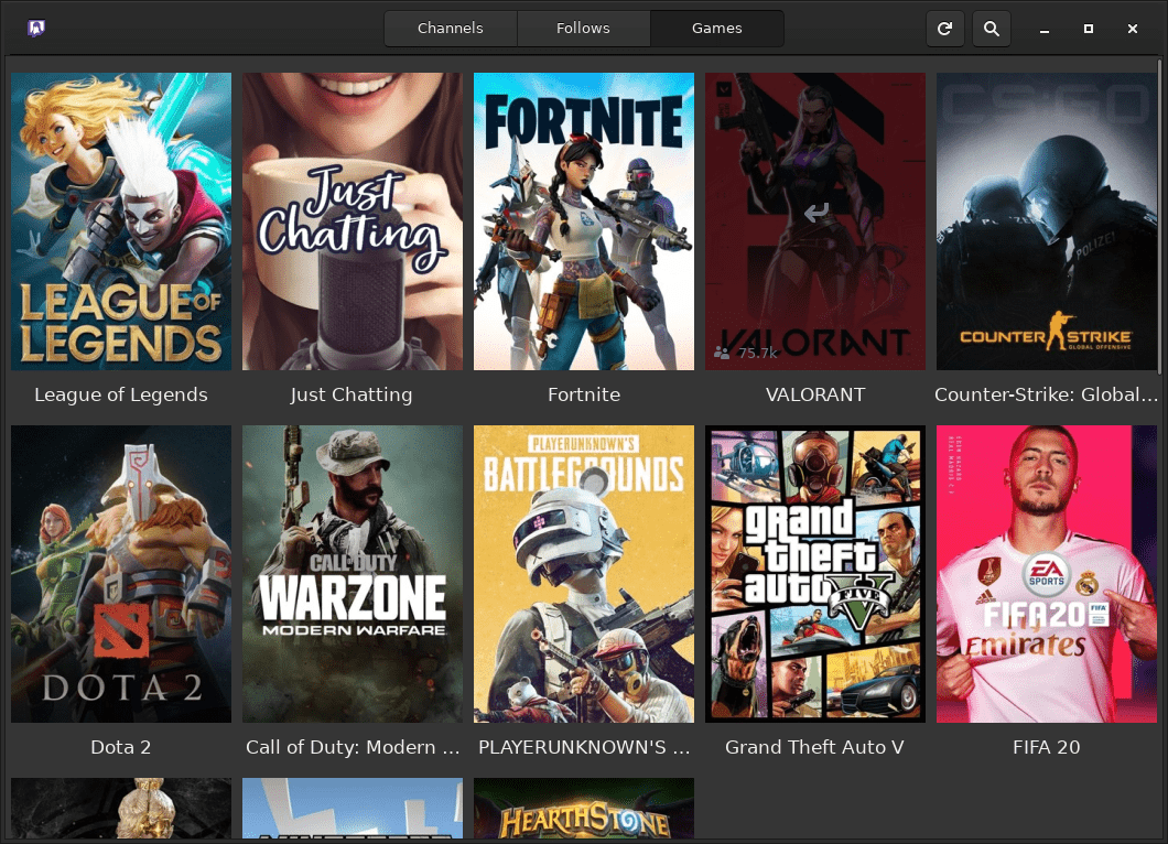 GNOME Twitch. Games tab