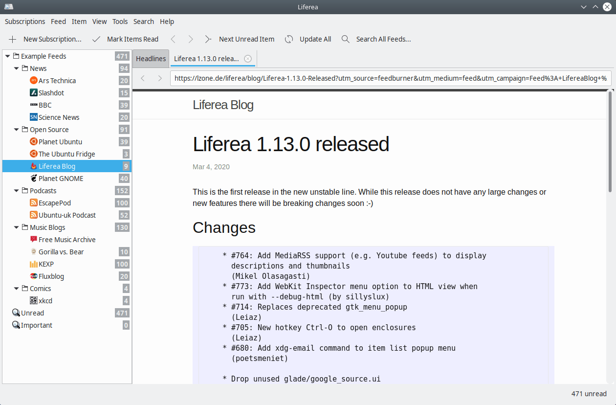 Liferea. View news in the built-in web browser