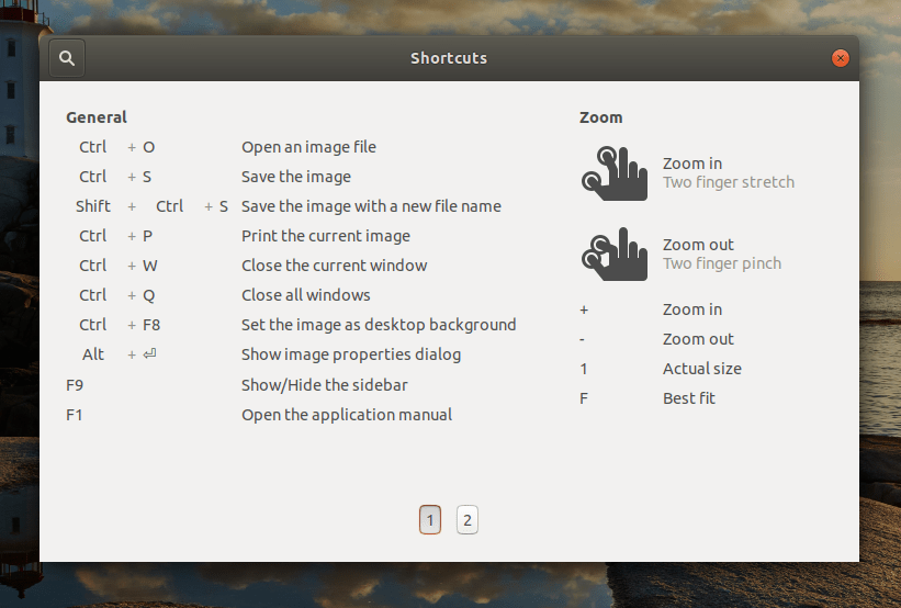 Eye of GNOME. Keyboard shortcuts 1