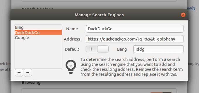 GNOME Web. Manage Search Engines