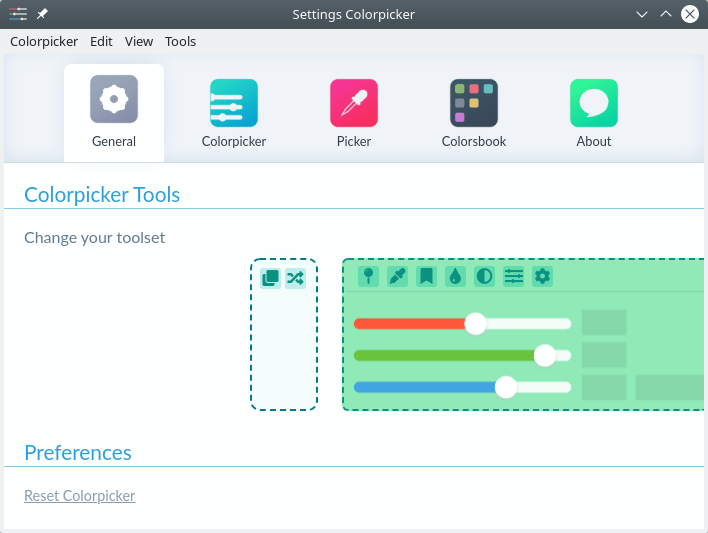 Colorpicker. Settings. Change your toolset