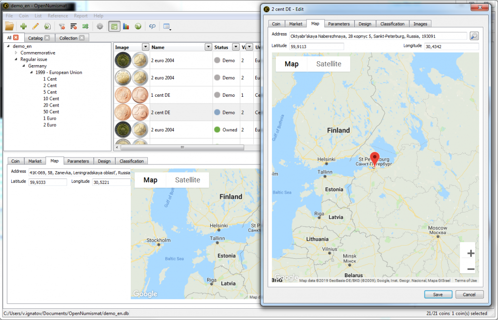 OpenNumismat .Map. Screenshot taken from the official website
