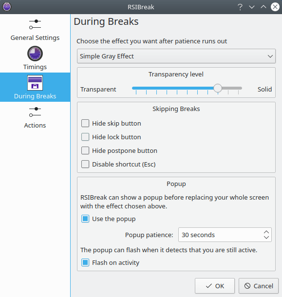 RSIBreak. Configure the action for the breaks