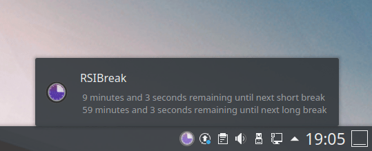 RSIBreak. Showing the remaining time when the mouse cursor is hovered over