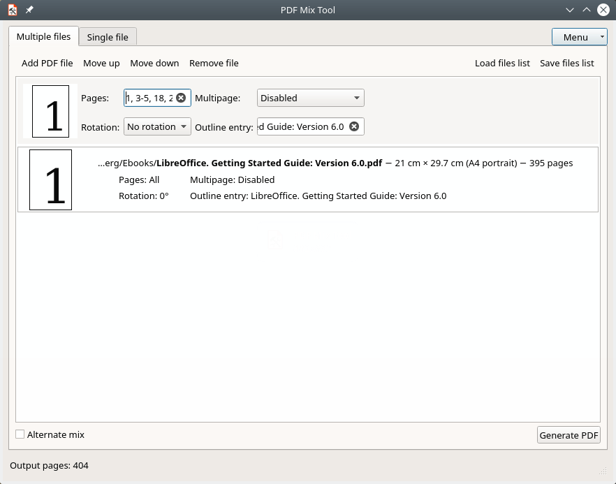PDF Mix Tool. Multiple files mode. Editing document settings