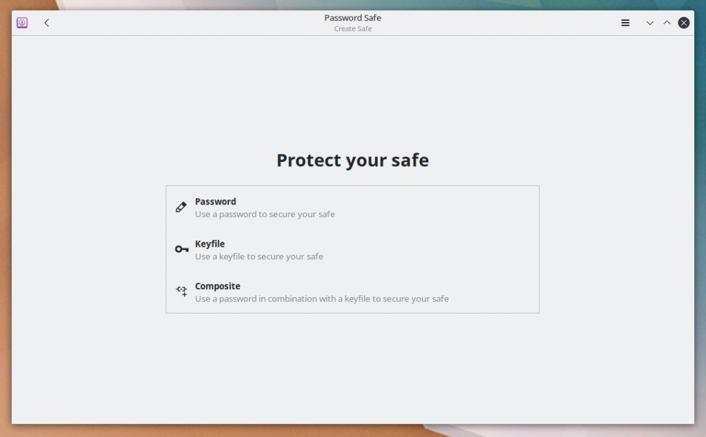 GNOME Password Safe. Creating a new password database. Selecting the authentication type