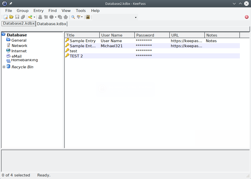 KeePass. Synchronization of two databases. Tab support