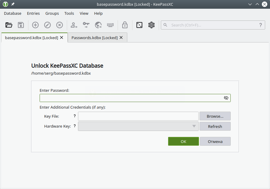 KeePassXC. Unlock Database
