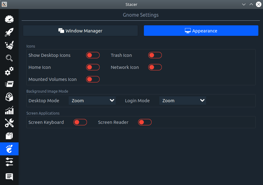 Stacer. GNOME Settings. Appearance