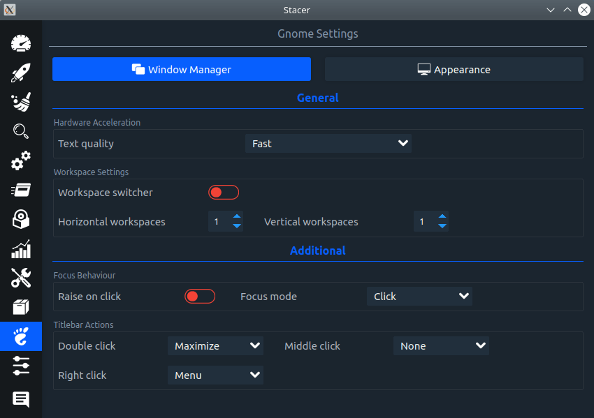 Stacer. GNOME Settings. Window Manager