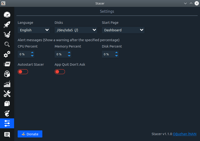 Stacer. Settings Software