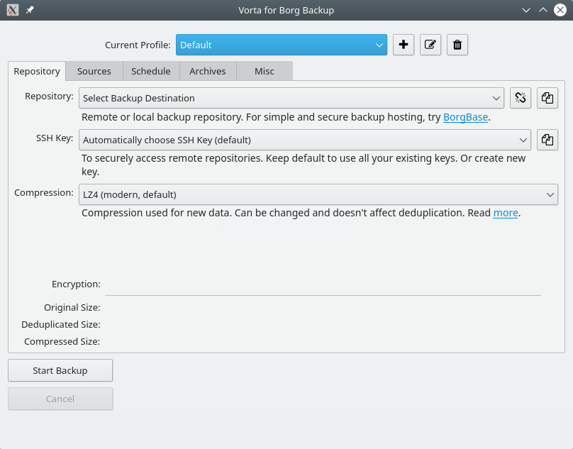 Vorta for Borg Backup. Selecting storage, SSH key, compression