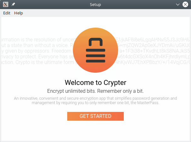 Crypter. Welcome window