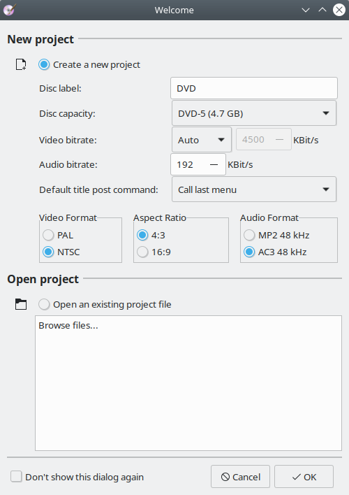 DVDStyler. Creating a new project