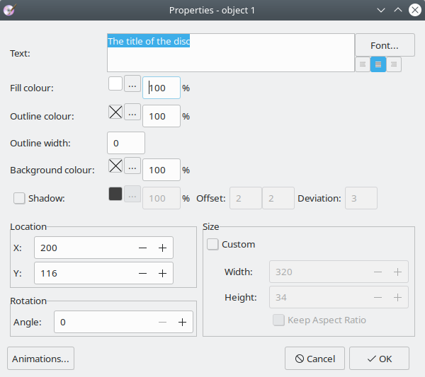 DVDStyler. Settings of the text element
