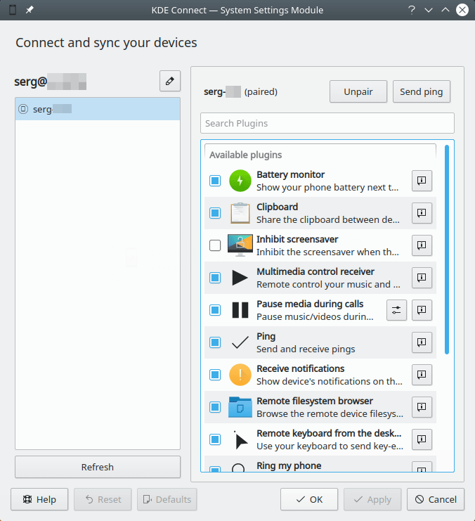 KDE Connect. System Settings Module 2