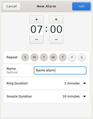 GNOME Clocks. Creating a new alarm clock