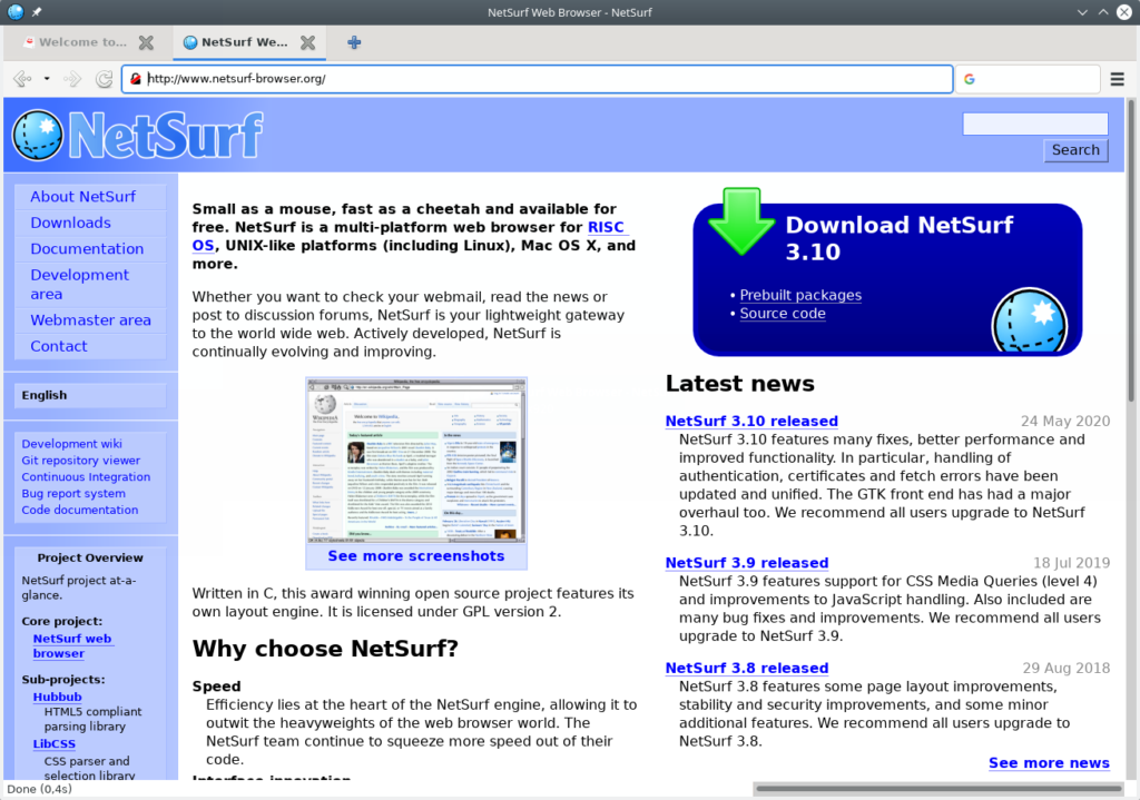 NetSurf Web Browser. View site