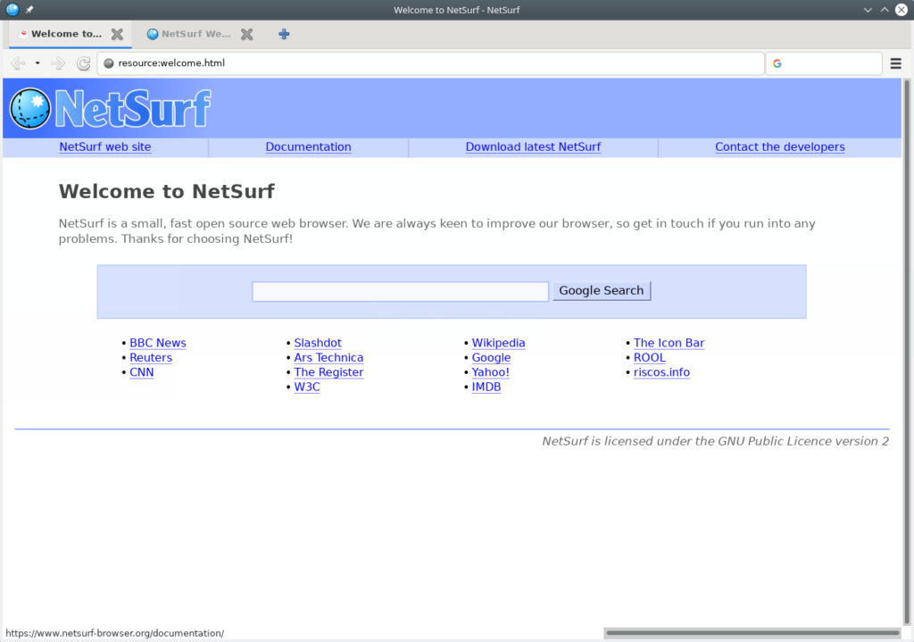NetSurf. New tab. Homepage