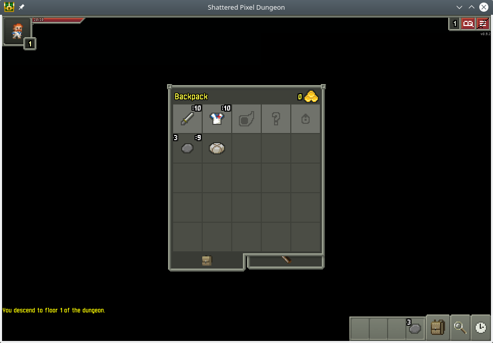 Shattered Pixel Dungeon. Available items in the hero backpack