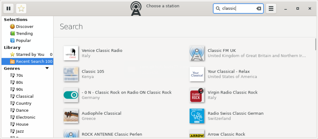 Tuner. Search for Internet radio stations