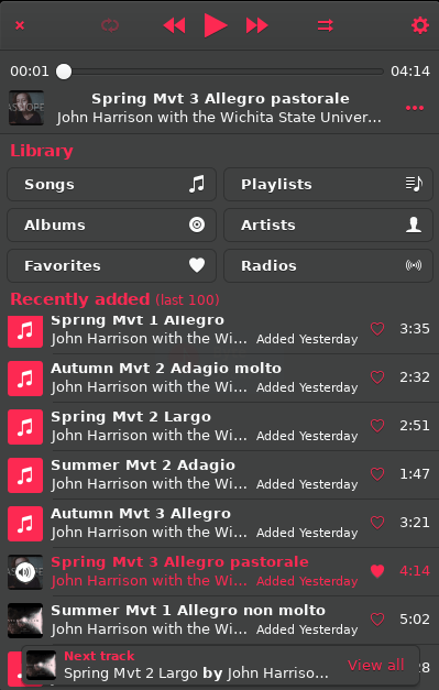 Byte music player. Dark theme design. Adding a track to the playback queue