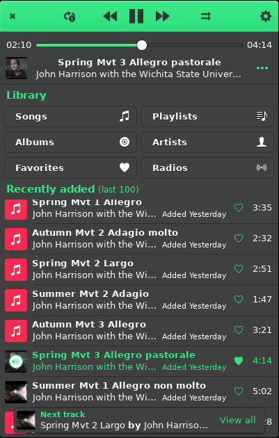 Byte music player. Turquoise theme design. Track playback with single track repeat function