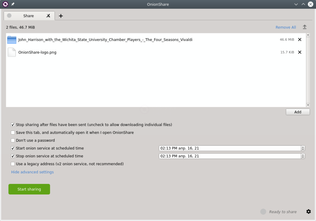 OnionShare. Adding files and folders. Sending settings