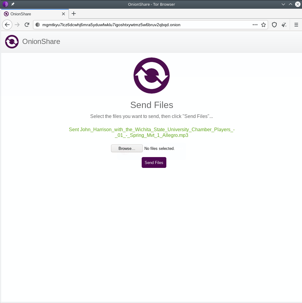 OnionShare. Sending files using Tor Browser. Added files