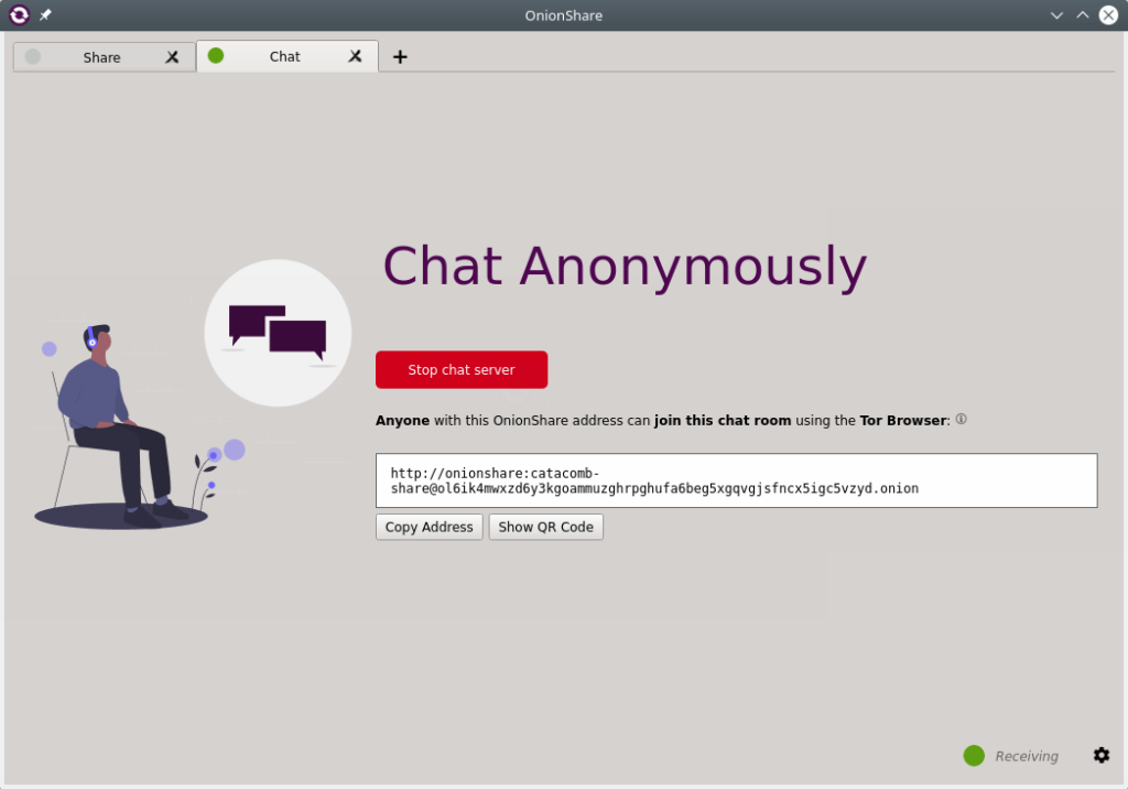 OnionShare. Start an anonymous chat. Getting a link