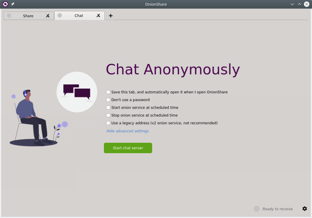 OnionShare. Start an anonymous chat. Settings