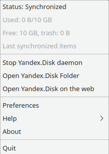 Yandex.Disk. Indicator menu