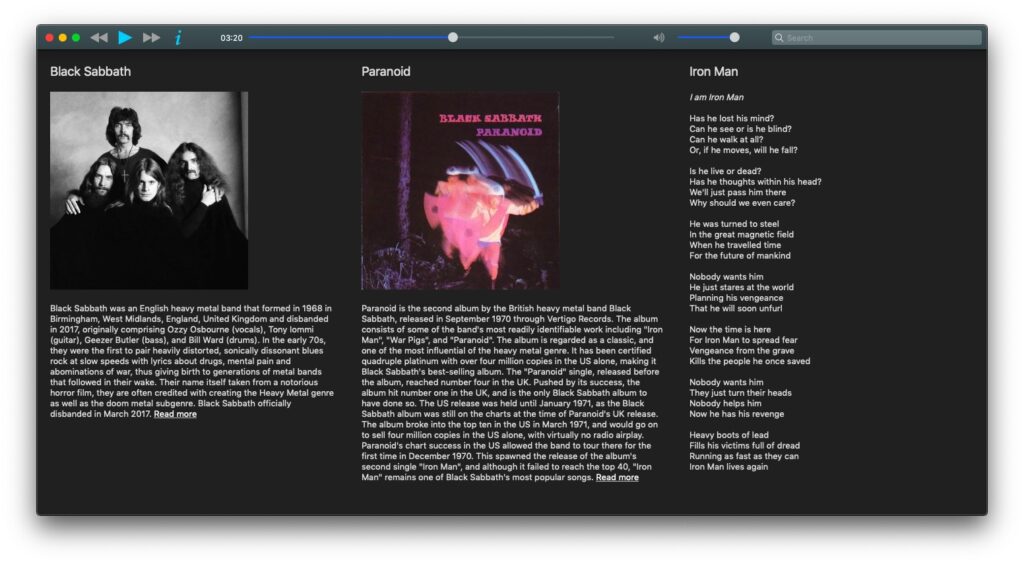 Musique. View information about the artist, album, and track. Screenshot taken from the official website