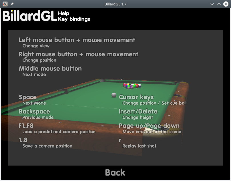 BillardGL. Control keys in the game