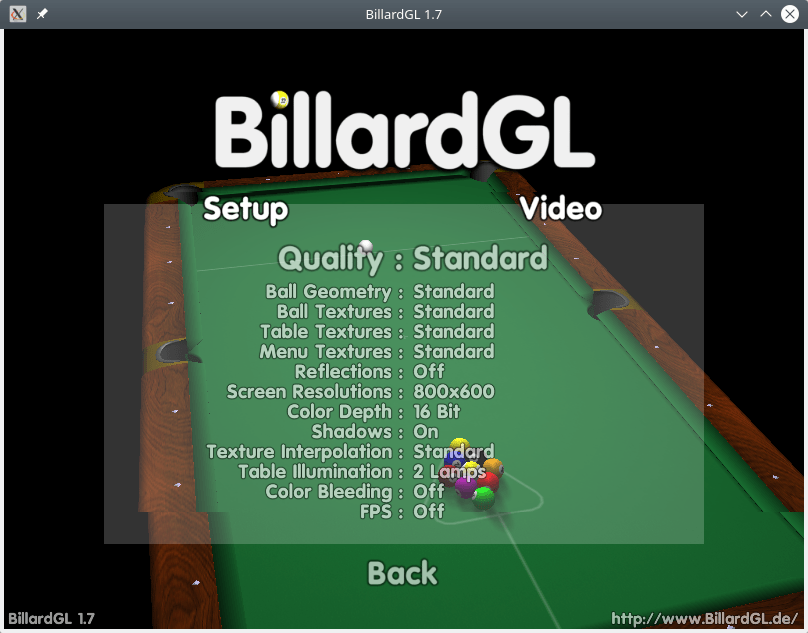 BillardGL. Video Settings
