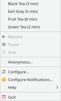 KTeaTime. Available actions in the system tray