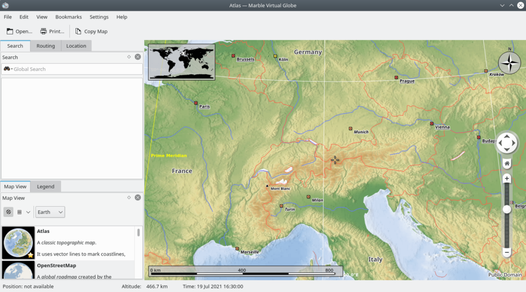 Marble KDE. A virtual globe. Atlas