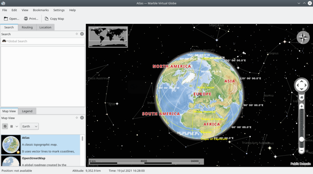 Marble KDE. A virtual globe. Start window