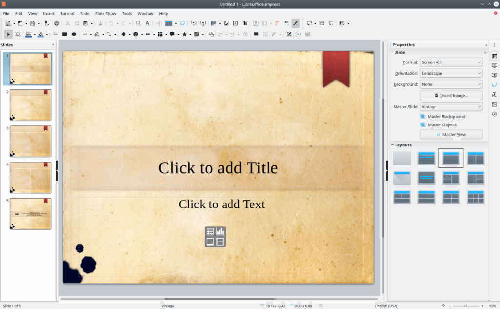 LibreOffice Impress. Presentation editor. The template is Vintage