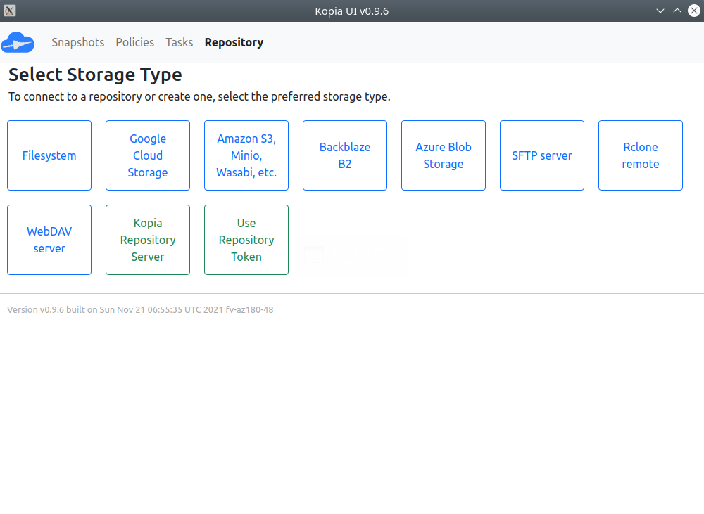 Kopia UI. Selecting the storage type