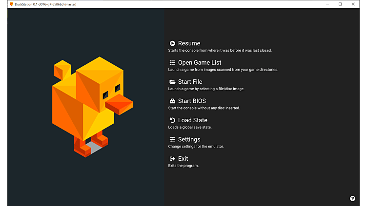 DuckStation. The emulator menu. The screenshot is taken from the official website