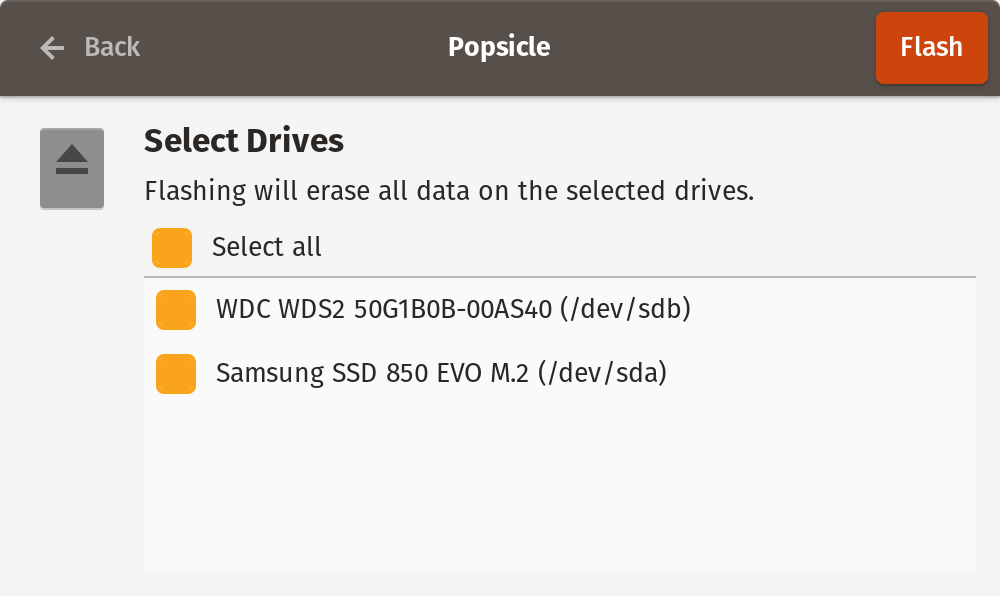 Popsicle. Device selection. The screenshot is taken from the official website