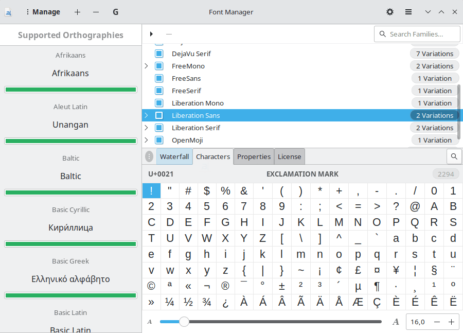 Font Manager. Integrated Character map
