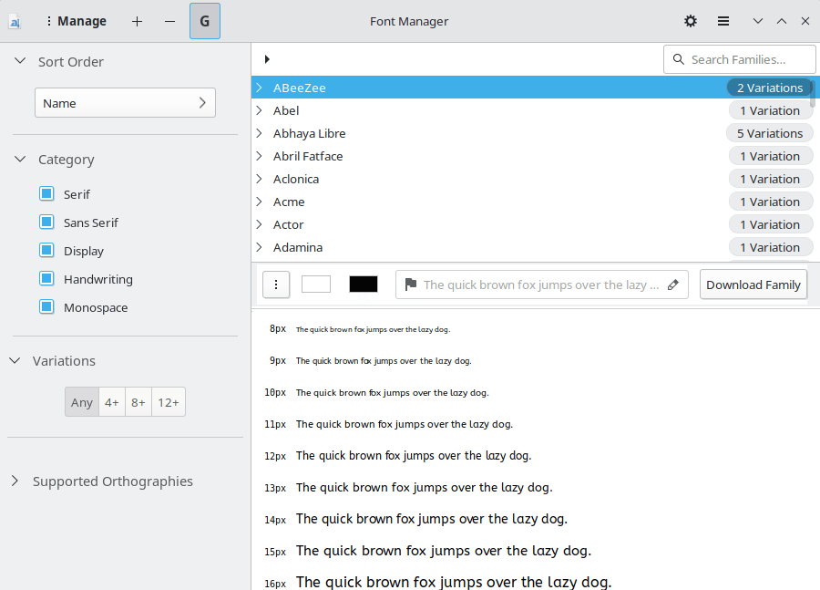 Font Manager. Integration with the Google Font catalog