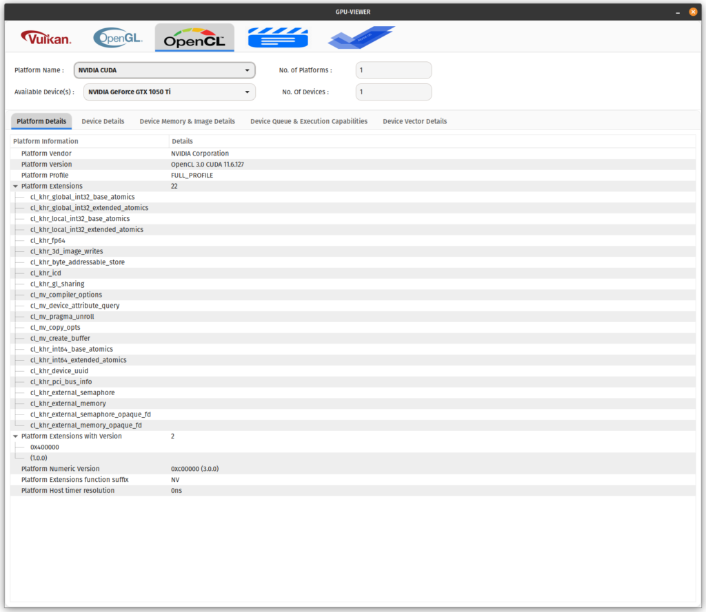 GPU-Viewer. View information about OpenCL. The screenshot is taken from the official website