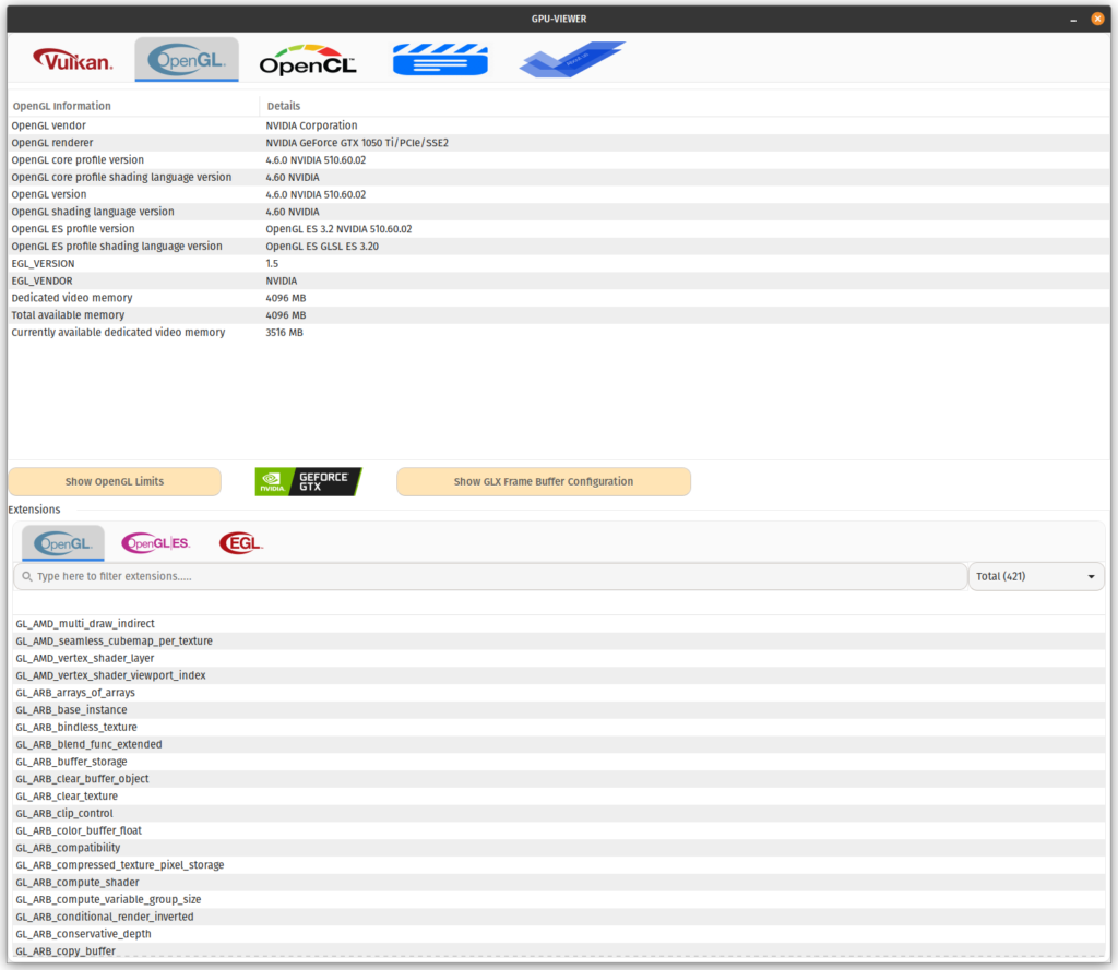 GPU-Viewer. View information about OpenGL. The screenshot is taken from the official website