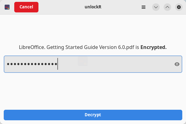 unlockR. Enter a password to decrypt a PDF file.