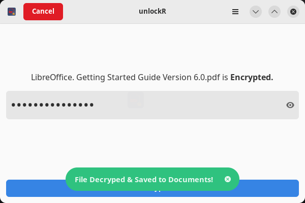 unlockR. The file has been decrypted and saved in documents
