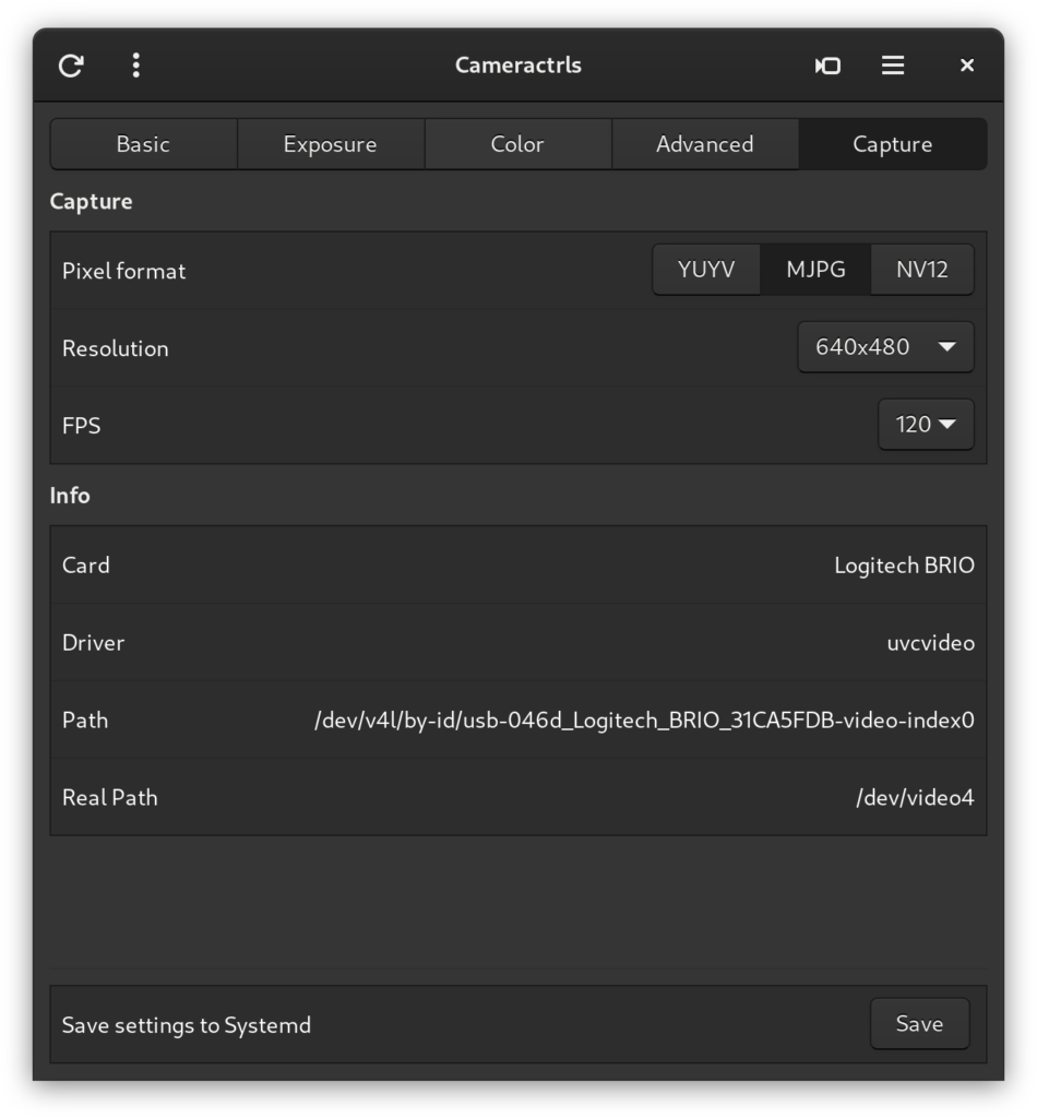 Cameractrls. Camera capture settings. The screenshot is taken from the official website