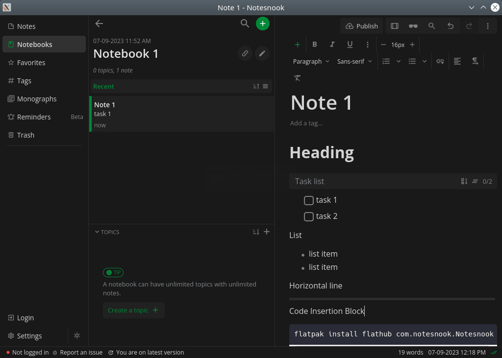 Notesnook. Creating a note